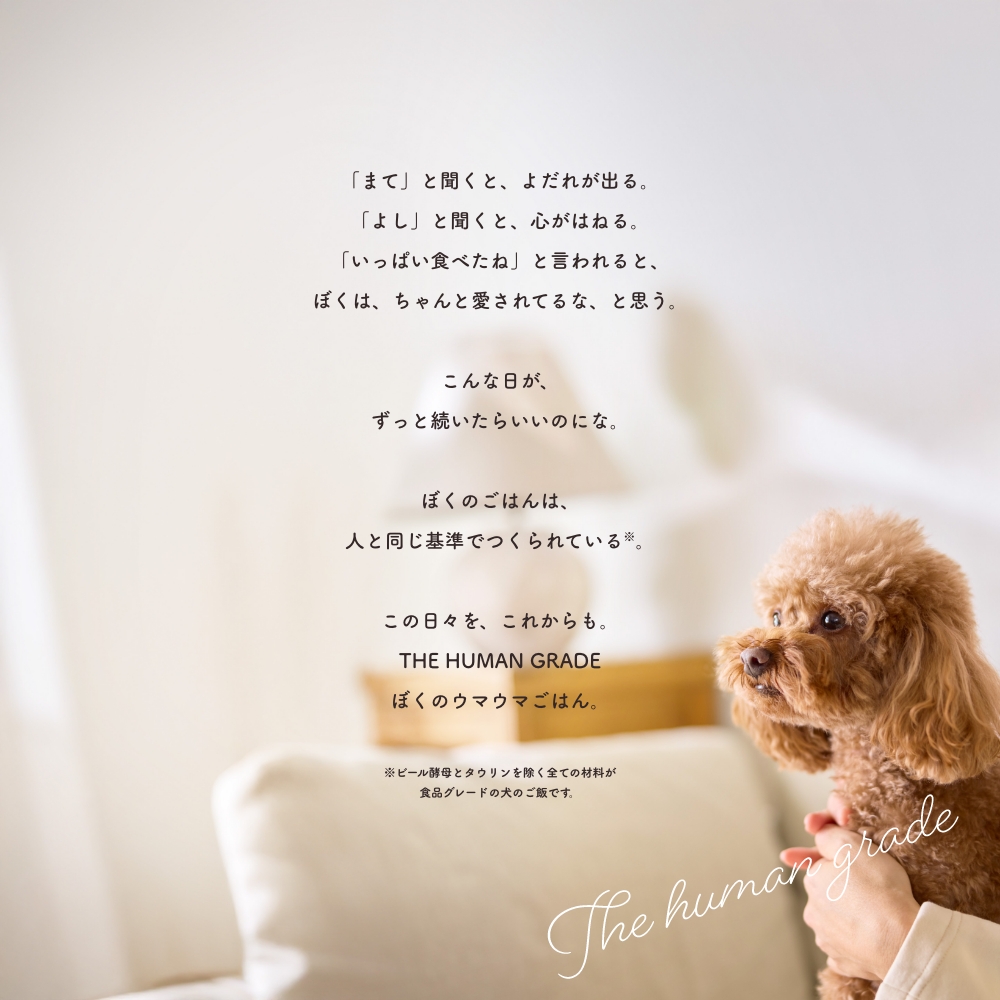「まて」と聞くと、よだれが出る。
「よし」と聞くと、心がはねる。
「いっぱい食べたね」と言われると、
ぼくは、ちゃんと愛されてるな、と思う。

こんな日が、
ずっと続いたらいいのにな。

ぼくのごはんは、
人と同じ基準でつくられている※1。

この日々を、これからも。
THE HUMAN GRADE
ぼくのウマウマごはん

※1ビール酵母とタウリンを除く全ての材料が食品グレードの犬のご飯です。